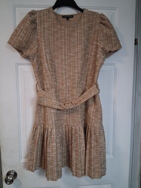 Elizabeth & Nicole Brown Beige Tweed Belted Short Sleeve Dress Size Large